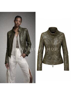 Jacket | Les Copains Olive Leather Moto | Quiet Luxury Brand | Avant Garde | 42